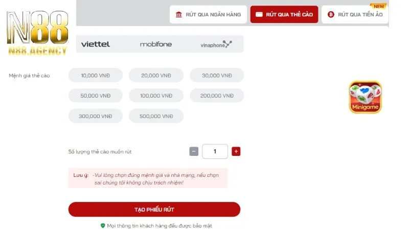 Rút tiền N88 qua thẻ cào an toàn 