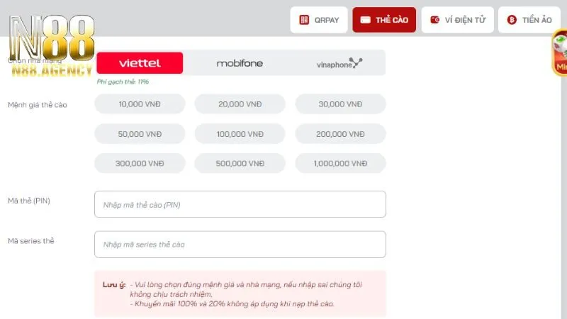 Gửi tiền N88 qua thẻ cào chuẩn xác